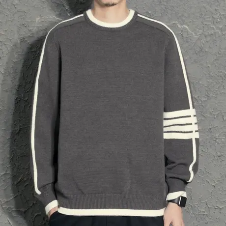 男士冬季宽松毛衣新款长袖潮流圆领打底针织衫拼色保暖上衣服国潮图片