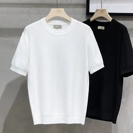 肌理暗条纹针织衫男士短袖T恤圆领打底衫简约基础通勤商务轻熟风商品大图