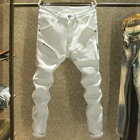 米白色欧美机车牛仔裤男款高街修身弹力长裤ins潮牌拼接拉链裤子商品大图