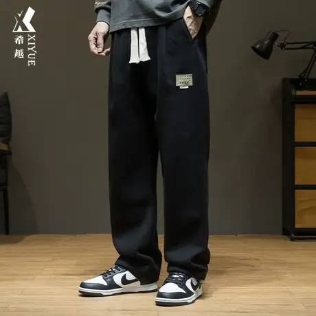 希越水晶绒美式休闲男士直筒裤秋冬季宽松大码加绒加厚拖地长裤子商品大图