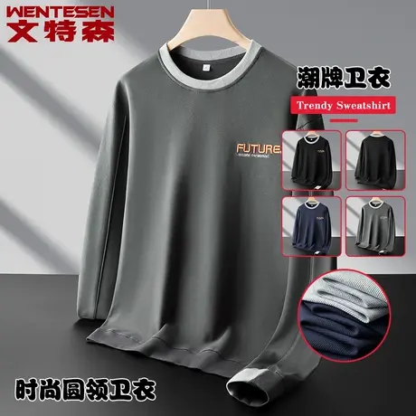 2023春秋季新款时尚长袖卫衣男宽松潮牌字母刺绣套头休闲上衣服男商品大图