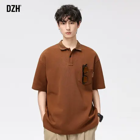 男生纯色重磅polo衫男短袖美式宽松男装2023年新款咖啡色t恤百搭商品大图