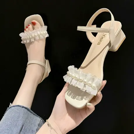 凉鞋女仙女风法式小众设计感蝴蝶结绑带一字带珍珠高跟鞋女夏粗跟图片