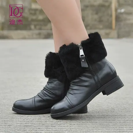 DG迪杰女鞋 冬季新款头层牛皮粗跟拉链毛绒短靴真皮中跟靴子英伦图片