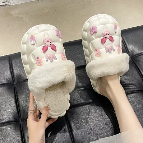 棉拖鞋女士秋冬季外穿防水可爱小猪厚底防滑家居保暖加绒包头拖鞋商品大图