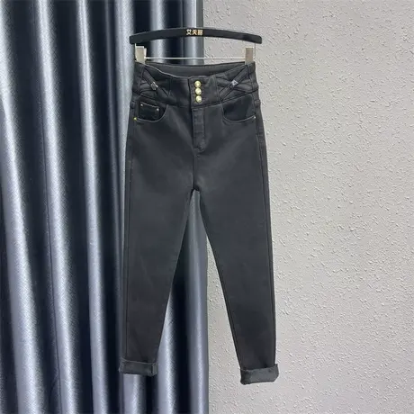 三粒扣设计感牛仔裤女23冬季新款高腰显瘦加绒紧身弹力小脚铅笔裤图片