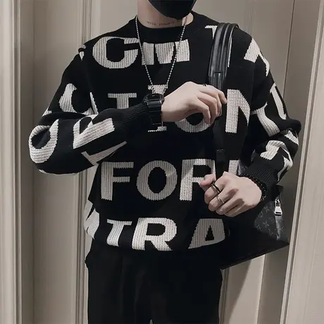 圆领毛衣男美式潮牌满印字母提花针织衫2023新款小众宽松加厚线衣商品大图