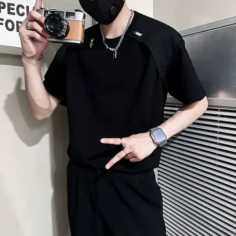 短袖t恤男夏季网红个性拼接设计感潮男痞帅半袖上衣时尚发型师帅T商品大图