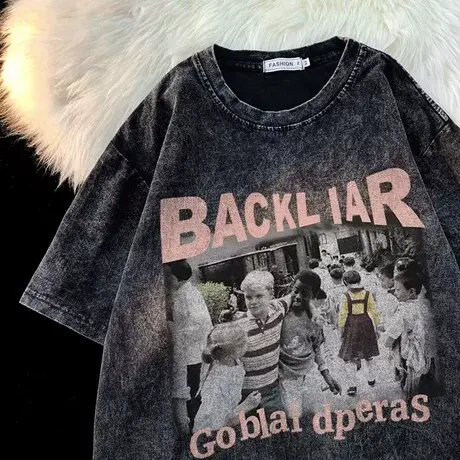 2023年夏季新款休闲圆领短袖T恤男潮流美式做旧水洗宽松半袖上衣商品大图