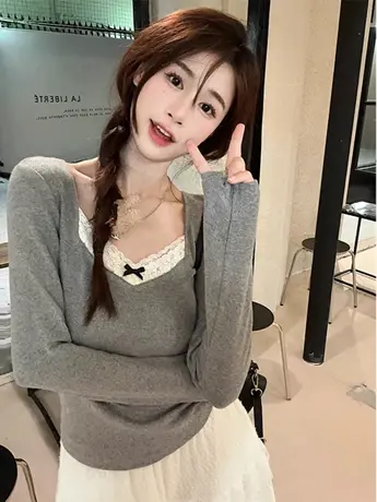 加绒蕾丝拼接T恤女秋冬新款小心机加厚磨毛内搭长袖打底衫上衣ins商品大图