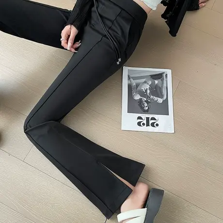 民族风国潮黑色开叉西装微喇裤女2024春秋高腰修身显瘦休闲喇叭裤图片