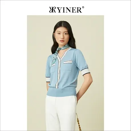 YINER音儿女装2022夏季短袖薄款v领针织开衫外套商品大图