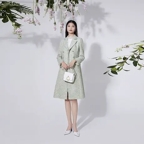 莱茵商场同款2022冬季新款橄榄绿毛呢外套长款翻领羊毛大衣高级感图片