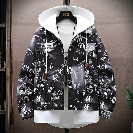 假两件外套男秋冬款复古印花夹克男潮牌青少年春季新款褂子上衣服商品大图