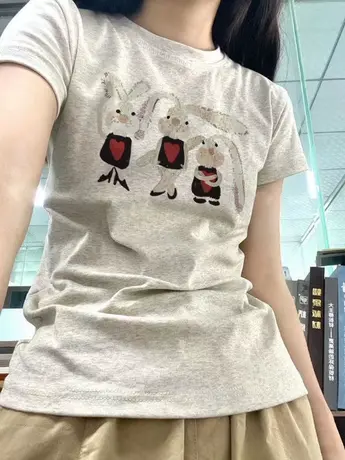 纯棉正肩短袖t恤女高级感夏季2023新款韩版修身显瘦港味chic上衣商品大图