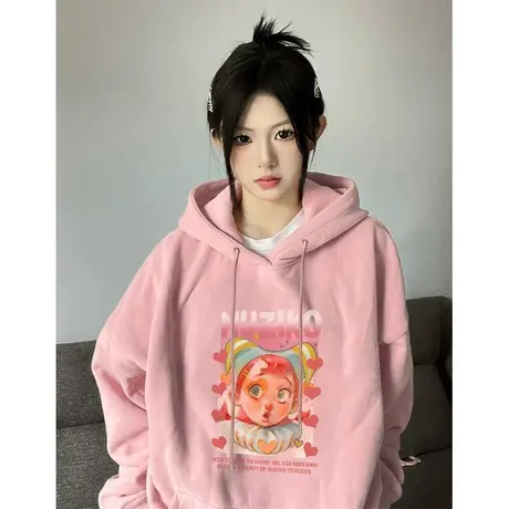 美式复古连帽卫衣女秋冬季加绒加厚宽松韩系慵懒风外套小个子减龄图片