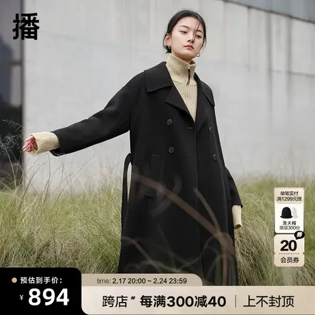 播冬季新款羊毛帅休闲宽松英伦风双排扣长款大衣女BDP4AD0625商品大图