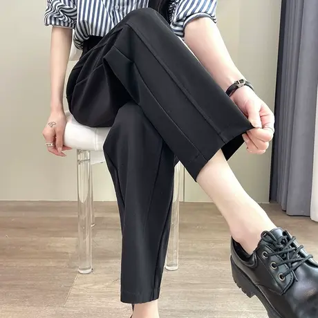 黑色直筒西装裤女春夏高腰显瘦垂感九分休闲百拼接小个子烟管裤图片