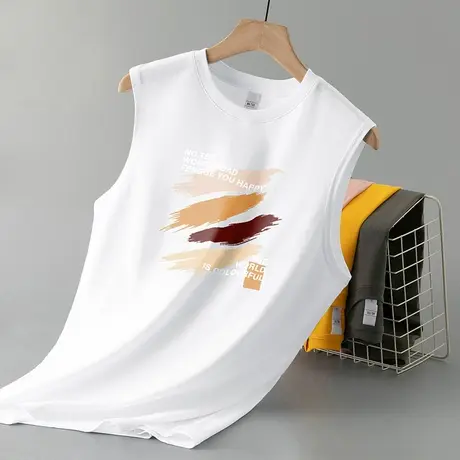 2024新款纯棉无袖t恤男士背心夏季健身跨栏篮球全棉白色运动坎肩商品大图