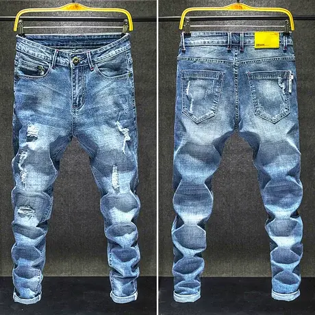 秋冬爆款弹力显瘦牛仔长裤男士潮流乞丐小直筒修身牛仔裤男裤破洞图片