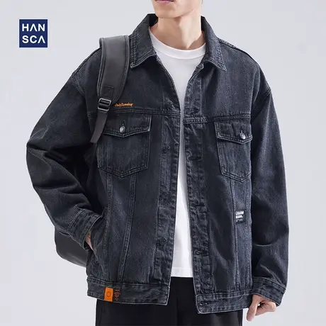 hansca黑色牛仔外套男2022新款宽松潮牌美式复古翻领帅气工装夹克商品大图