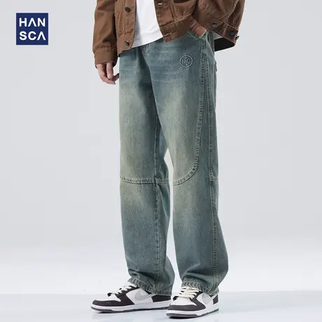 hansca水洗牛仔裤男秋季宽松直筒钢印设计感复古潮流工装拼接长裤商品大图