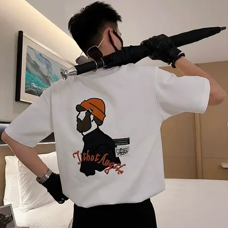 美式街头卡通人物刺绣短袖T恤男夏季潮牌爆款宽松上衣半截袖体恤图片