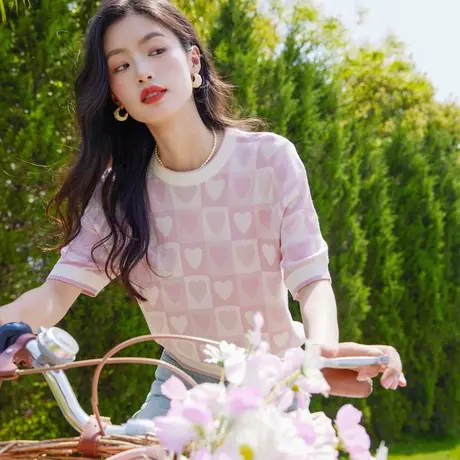 时尚气质圆领短袖针织衫2023年夏季新款淑女温柔宽松显瘦薄款上衣图片