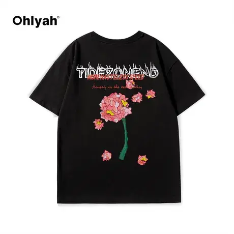 Ohlyah大码品牌欧美潮流植物花卉短袖T恤男女情侣宽松青少年半袖商品大图
