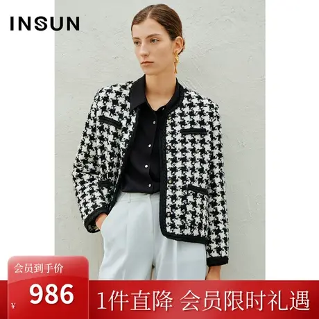 恩裳2023年春款新品经典千鸟格触感粗花呢复古腔调短外套商品大图