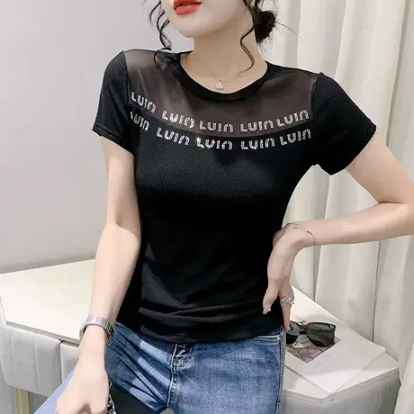 性感黑色网纱T恤女短袖2023夏装新款洋气烫钻上衣气质圆领小衫潮商品大图