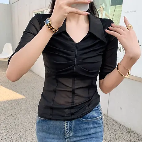 欧货黑色网纱T恤女五分袖2023新款气质性感V领上衣内搭修身打底衫商品大图