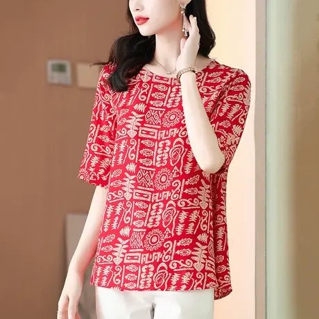 2023夏季新款冰丝短袖t恤女上衣印花宽松圆领大方随性百搭女小衫图片