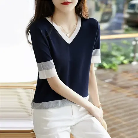 短袖女v领冰丝针织衫t恤2023年新款薄款宽松体恤打底衫上衣夏季女图片