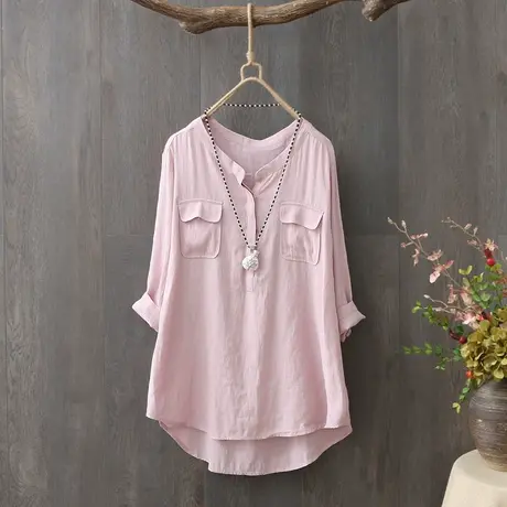 2023新款潮短款V领衬衫女宽松上衣双口袋纯色套头夏季短袖衬衣薄图片