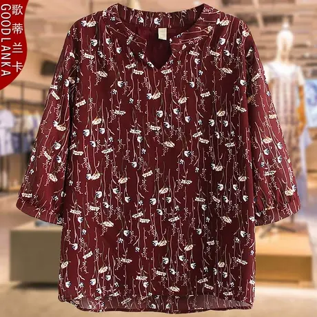 中年胖妈妈夏装短袖t恤女新款宽松大码中老年印花洋气雪纺衫上衣商品大图