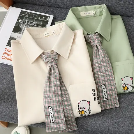 学院风宽松绣花短袖衬衫女2020夏新款韩版百搭翻领纯色上衣送领带图片