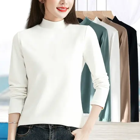 秋冬精梳纯棉加厚磨毛小中立半高领打底衫女内搭妈妈白色长袖t恤图片