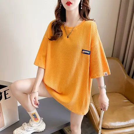 设计感小众提花华夫格短袖t恤女夏韩版宽松大码女装中长款上衣服商品大图