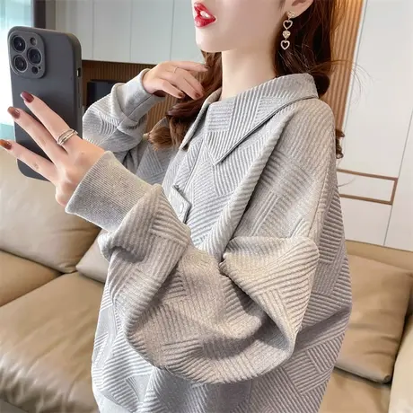 华夫格提花卫衣女春秋韩版宽松设计感小众薄款翻领polo衫上衣外套商品大图