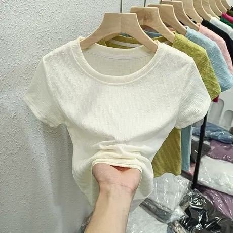 正肩短袖T恤女夏装2023新款修身显瘦打底衫 小个子短款半袖上衣潮商品大图