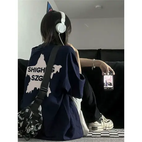 纯棉设计感星星印花短袖t恤女2023新款夏季宽松半袖oversize上衣图片