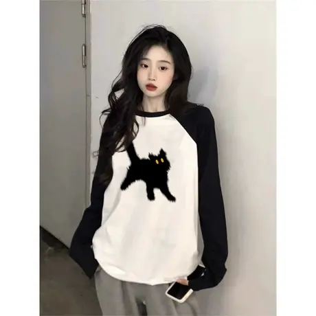 插肩袖拼色纯棉长袖t恤女秋季小众设计感内搭打底衫港味chic上衣商品大图