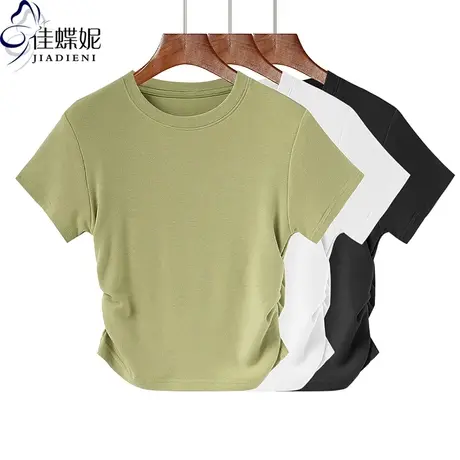夏季新款韩版圆领修身短款纯欲纯棉纯色褶皱短袖体恤上衣女打底衫图片