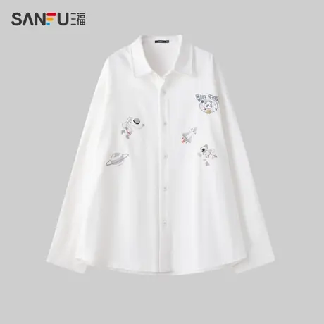 三福2023冬男士星际熊猫刺绣长衬衫 时尚宽松纯棉上衣男476209商品大图