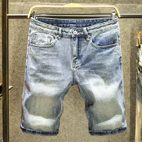 复古猫须牛仔短裤男夏季潮牌直筒宽松五分裤时尚青年潮流中裤薄款商品大图