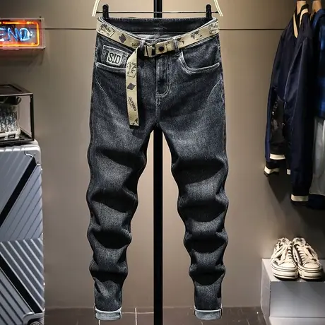 牛仔裤男2021年新款秋冬款潮牌加厚黑色宽松刺绣小脚裤子男装直筒商品大图