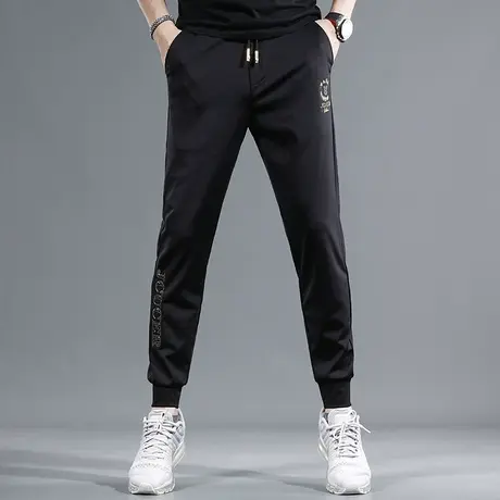 黑色刺绣休闲裤男2023新款夏季冰丝修身束脚男士潮牌弹力薄款裤子商品大图