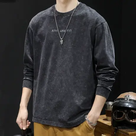 秋季长袖t恤男纯棉潮牌宽松大码23新款男士重磅复古水洗春秋圆领商品大图