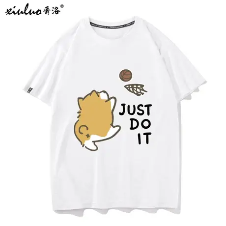 秀洛柯基投篮球狗狗图案印花T恤男女卡通短袖潮流情侣装半袖衣服商品大图